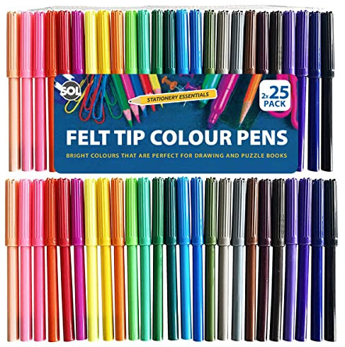SOL 50 Felt Tip Colour Pens, Bright Colour Felt Pens for Smooth & Precise Writing & Colouring, Wide Range of Hues Selection Suitable for Kids and Adults, Great for Scrapbooking, Journaling & Arts