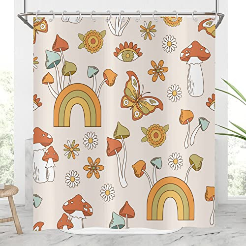 Hnmdmyi Duschvorhang Retro Boho Blumen 165x180, 70s Bunte Funky Pilz Blume Regenbogen mit Schmetterling Vintage Badewanne Vorhang Wasserdicht Stoff Waschbar Badevorhang für Badezimmer mit Haken