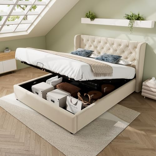 FEZTOY Upholstered Bed with Hydraulic Lever, 135x190 Lift Up Ottoman Bed, Double Bed Frame, Functional Storage Bed, without mattress, Beige A