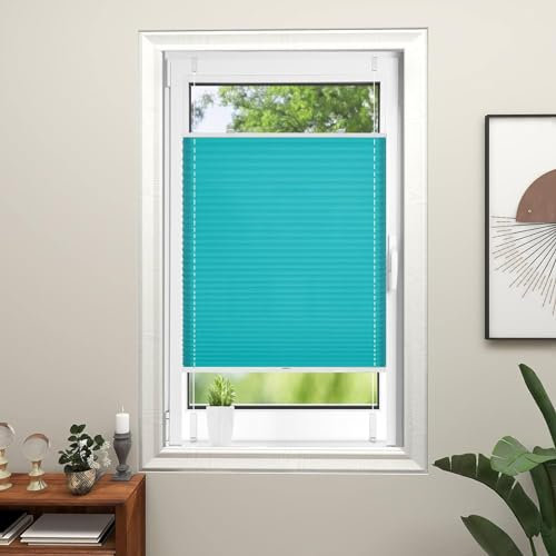 Thermo Plissee Ohne Bohren 50 x 210 cm Sichtschutz Und Blickdicht Easyfix Jalousien Zum Klemmen 2 Bedienschienen aus Aluminium für Schlafzimmer, Blau