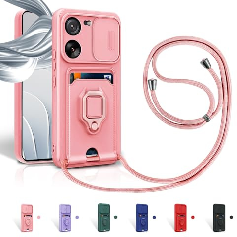 Aithne Cordon de Coque pour Xiaomi Mi 13T/13T Pro,Couvercle Coulissant de la Caméra+Support Annulaire à 360 Degrés,Fentes pour Cartes Lanyard Silicone Case -Pink