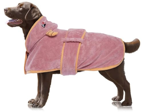 OUOBOB Hundetrocknungsmantel, Hundemantel zum Trocknen von Hunden, rosa Hundetücher für große Hunde, Mikrofaser Hunderobe mit Kapuze für verstellbare Bauchgurte für Golden Retriever, Labrador 2XL