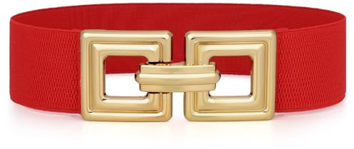 WHIPPY Damen Breiter Elastischer Taillengürtel Stretchy Gürtel für Kleid dehnbarer Hüftgürtel Mode Quadratischer Gold Schnalle,Rot 100cm