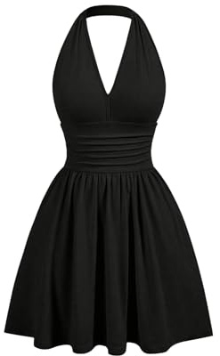 GORGLITTER Women's Flared Flowy Ruched Halter Mini Dresses Ruffle Backless Going Out Mini Swing Dress Black M