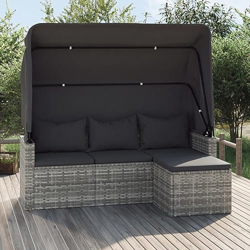 Homgoday Divano da giardino 3 posti con tenda e sgabello rattan sintetico Grigio, Divano centrale Giardino Arredamento da esterno Terrazza Patio Balcone, Divani modulari da esterno