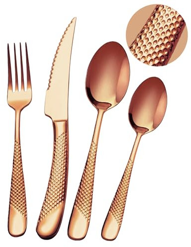 SHEUMNT 24-teiliges modernes, Gehämmertes Besteckset aus Roségold mit ultrascharfem 2-in-1 Wellenschliffmesser, Utensilienset aus Edelstahl 18/10, Besteckset für 6 Personen, Messer Gabel Löffel Set