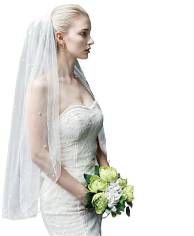 HekouJiub Schleier Braut Lang Perlen Hochzeit Brautschleier Weiß Einzelner Tüll Hochzeitsschleier Perlen Schleier mit Kamm Traumhochzeit Braut Kostüm Damen Perle Brautschleier zur Hochzeit