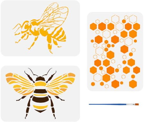 FINGERINSPIRE 3 Pcs Bee Painting Stencil with A Paint Brush 21x29.7cm Honeycomb Drawing Template Flying Bees DIY Art Decoration Stencil for Painting on Wood Wall Fabric Furniture