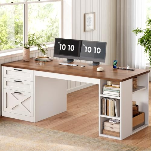 SEDETA 55.1 Farmhouse Office Desk with 3 Drawers, Executive Desk with File Drawer & Storage Shelves, Computer Desk with Power Outlet for Home Office, White and Brown