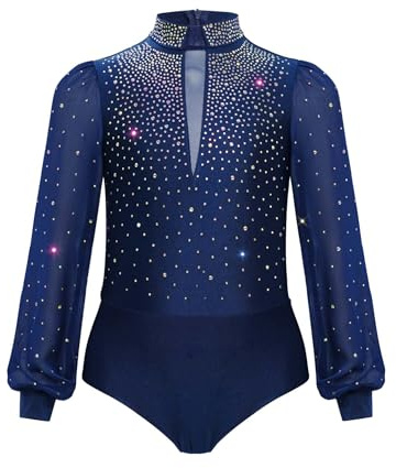 TiaoBug Maillot De Baile De Patinaje Artístico Para Niños Body De Manga Larga Con Cuello Alto Traje Baile De Salón Rumba Azul marino 9-10 años