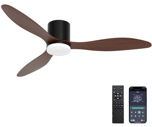Topteng 42 inch Smart Ceiling Fan, 6-Speed Quiet DC Motor, 3000K-6000K Dimmable Light, Reversible for Bedroom, Low Profile Flush Mount, Black Walnut