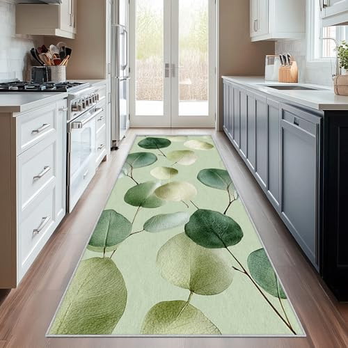 Generisch Läufer Flur Eukalyptus Blätter, Waschbarer Teppich Läufer Grün Botanisch 50x200, Küchenteppich, Eingangsbereich, Bettvorleger, Schlafzimmer Deko, rutschfest, Kurzflor j489