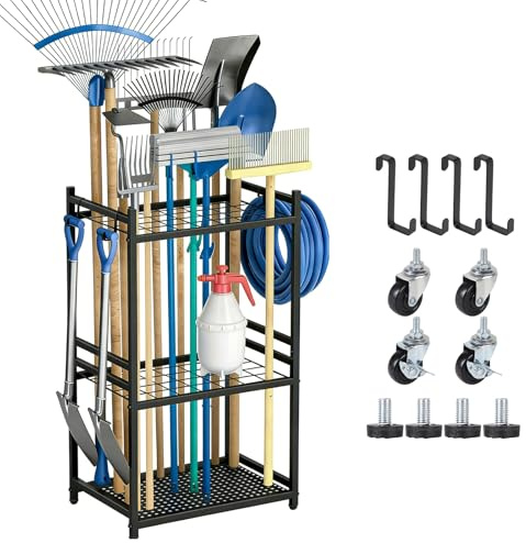 efuturetime Organizer per Attrezzi da Giardino 35 Slot, Porta Attrezzi da Giardino in Metallo con 3 Livelli e Ruote 80×43×30cm per Riporre Scope, Pale e Rastrelli per Garage, Rimessa
