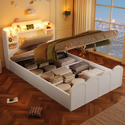 Ktipm Cama Individual Panelada 90x200 cm Cama Infantil con Carga USB, Cabecero con Almacenaje Abatible y Luz LED, Camas Juveniles Individuales con Almacenamiento Hidráulico, Sin Colchón, Blanco