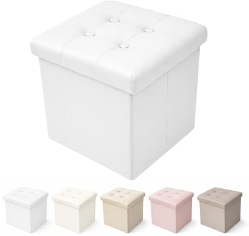 cecaro group Pouf Cubo Contenitore in Ecopelle 38x38 cm – Seduta Imbottita con Baule Salvaspazio – Trapuntato con Bottoni – Vari Colori (Bianco)