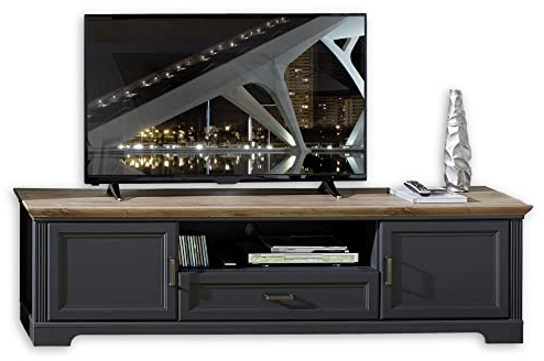 Stella Trading JASMIN TV-Lowboard in Artisan Eiche Optik, Graphit - TV Schrank mit Schublade und viel Stauraum für Ihr Wohnzimmer im Landhausstil - 193 x 54 x 51 cm (B/H/T) | Wohnzimmer TV-Tisch im Landhausstil, 1 Schublade, offenes Fach, Türen mit Stauraum für Multimedia-Geräte, Zubehör, Landhaus