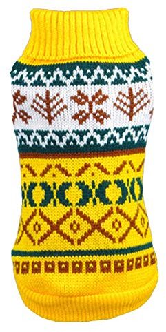 YAOTT Hunde Kostüme Hundebekleidung für Weihnachts, Hundepullover Strickjacke für Kleine Mittelgroße Hunde mit Schneeflocken-Diamant-Muster, Haustier Warmer Mantel Sweater für Herbst Winter Gelb XL