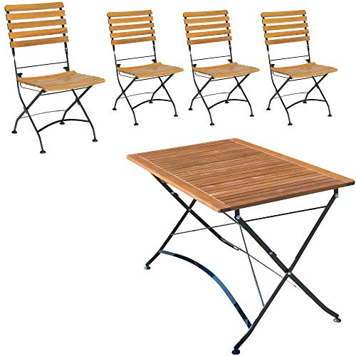 acamp Gartenmöbel Set Lindau | 5-TLG. | 4 Klappstühle 45x58x89cm |1 Klapptisch 120x80x75cm | Flacheisen und FSC®-zertifiziertes, geöltes Holz (Akazie) | Teak | Sitzgarnitur Garten
