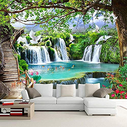 Benutzerdefinierte Beliebige Größe Grüner Wald Wasserfall Natur Landschaft 3D Wandbild Tapete Wohnzimmer Schlafzimm Wanddekoration fototapete 3D Tapete effekt Vlies wandbild Schlafzimmer-350cm×256cm