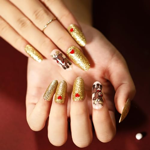Brishow Weihnachts Künstliche Nägel Gold Nägel zum Aufkleben Elch Press on Nails Ballerina Acryl Falsche Nägel 24 Stück für Frauen und Mädchen (1)