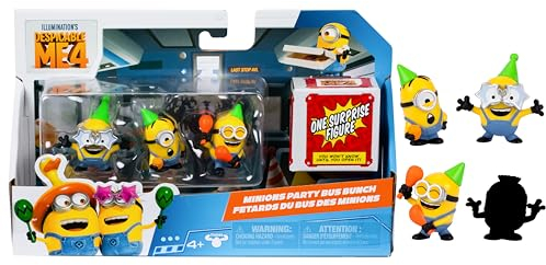 MINIONS Ich – Einfach unverbesserlich 4, Packung mit 4 Figuren Partybus-Truppe. 5,8 cm große Sammelfiguren. Packung enthält 3 sichtbare Figuren Plus 1 versteckte Überraschungsfigur