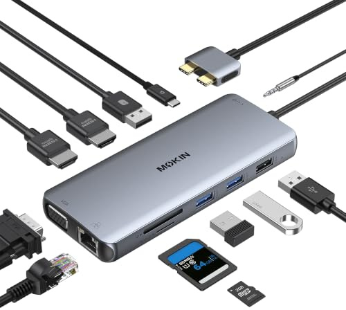 Docking Station Dual Monitor, MOKiN 12 in 2 Thunderbolt 3 USB C Adattatore per MacBook Pro/Air HDMI Mac Dock Dongle Dual USB C a Dual HDMI, VGA, Ethernet, 100 W PD, 4 USB e SD/TF