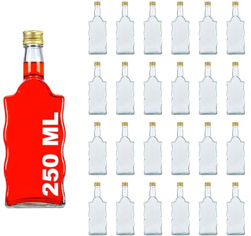 casavetro 24 botellas vacías pequeñas de cristal Wart con tapón de rosca dorado, 250 ml, para rellenar, como botellas de zumo, jarabe, licor de 0,25 litros con cierre (24 x 250 ml)