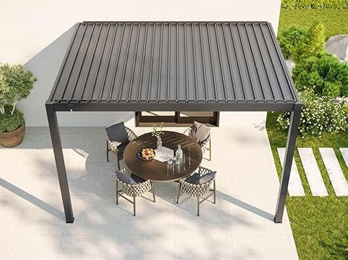 Direct ABRIS Pergola Bioclimatique Aluminium Adossée 12m² - 3x4m - Deux Stores Inclus - Anthracite - 29 Lames en Acier galvanisé - Inclinable à 90° - Tonnelle