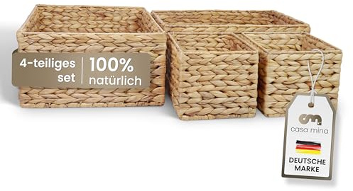 Casa Mina Korb Aufbewahrung 4er Set (L+M+2xS) 100% natürlich aus Wasserhyazinthe I Dekorative Körbe Aufbewahrung für jeden Raum I Aufbewahrungskorb mit robustem Metallgestell