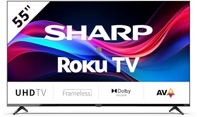 SHARP 55GJ4225E TV 55 4K Ultra HD Roku, per giochi e streaming, LED Smart TV, senza cornice, HDR10, HDMI 2.1, codec AV1, ricevitore, Wi-Fi, Netflix, Prime, YouTube, Disney+