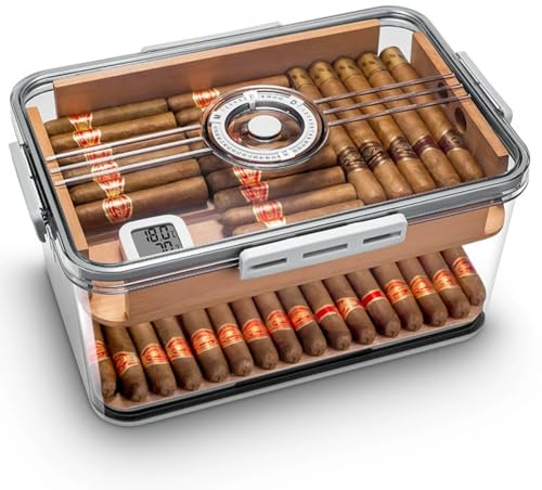 PP-Vic Klar akrylcigarrfolidor, skrivbordshumidor, uppdelad transparent humidor med cederträ, luftfuktare och hygrometer för luftfuktighetskontroll