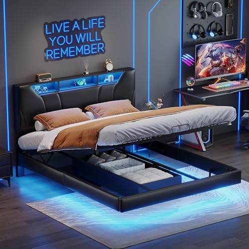 JYNVO Letto imbottito 140 x 200 con illuminazione a LED, con Contenitore idraulico, testiera regolabile, Interfaccia USB, letto sospeso, letto matrimoniale, PU nero, design fluttuante
