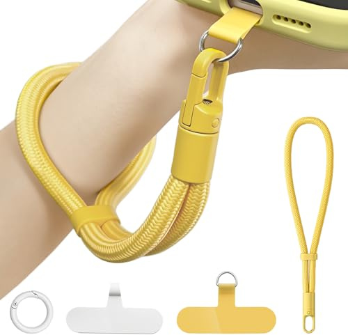 Bellanova Corto Cordino per Cellulare, Laccio per Cellulare da Polso, Cinturino da polso con patch ultra sottile, Catena Rimovibile Compatibile con Smartphone (Giallo)