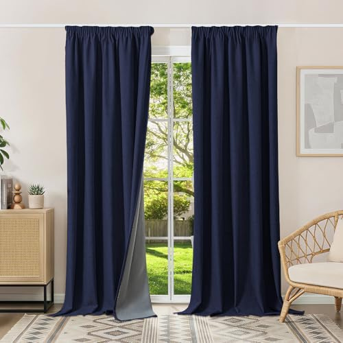 Runyéla 100 % mörkläggningsgardiner, termiska gardiner, köldskydd, gardiner med veckband, 245 x 140 cm (H x B), set om 2, linneutseende, gardiner, ogenomskinliga, jeansblå, skjutgardiner, vardagsrum