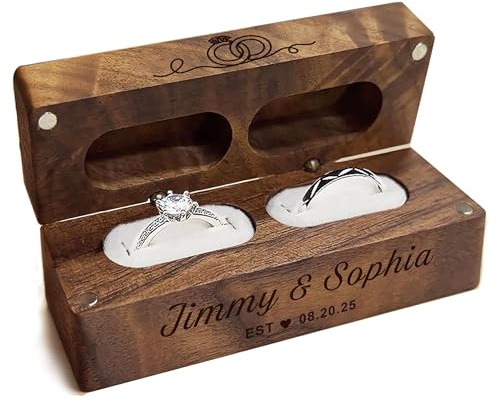 EDSG Personalised Wedding Ring Box for 2 Rings for Ceremony, Wooden Double Ring Box, Engraved Ring Storage Box with Names & Date for Wedding Engagement Anniversary (Design 4)