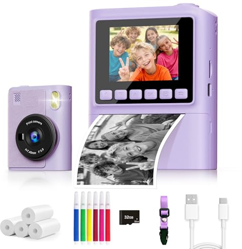 Macchina Fotografica Bambini, 1080P Macchina Fotografica Istantanea Regali di Natale Compleanno con Scheda da 32 GB e 4 Papier Photo, Fotocamera Digitali Bambini Giochi Musicale per Ragazzi e Ragazze