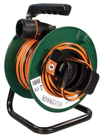MAXTRACK Schutzkontakt Verlängerungskabel mit Kabeltrommel – NV7-50RL, verriegelbare Steckerverbindung, robuste Kabelrolle, 12 kg Zugkraft, ideal für Werkstatt, Garten & Baustelle