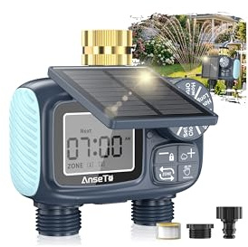 AnseTo Programador de Riego Solar con 2 Salidas,Sistema de Riego Inteligente Ajustable con Carga Solar y Tipo C,Ecológico y de Bajo Consumo para Jardín,Césped y Huerto