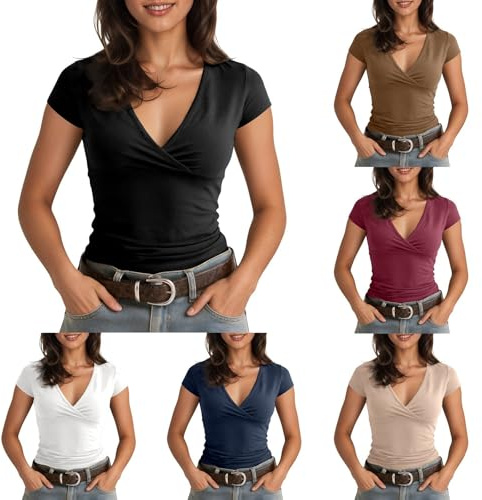 Camiseta para mujer Y2k Wrap Top de manga corta con cuello en V profundo blusa envolvente Slim Fit Yoga Blusa Pilates Ballet Entrenamiento Tops Sexy Opaco Envolvente Top Suave Vendaje Camisa Monocolor