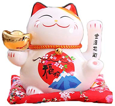 Mkuha Maneki Neko Winkekatze Glückskatze Glücksbringer Winkende Katze aus Porzellan, Keramisch Statuette für Zuhause Büro und Laden Dekoration, Weiß, 16x14x16cm/6.3x5.5x6.3inch, F