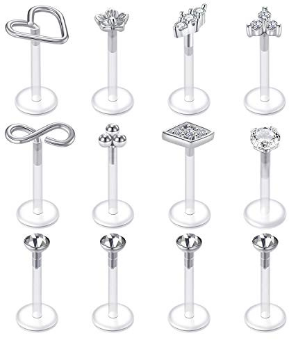 Crdifu 12pcs Bioflex Labbra Labret Tragus Helix Cartilagine Orecchino Prigionieri prigionieri Plastica flessibile 16G 6/8 / 10mm