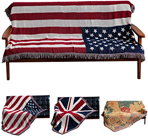 Haokaini Amerikanische Flagge Decken Bett Sofa Couch Abdeckung Baumwolle Strick Wurf Stuhl Decke mit Quasten Tagesdecke Sofa Abdeckung Patriotisch für Hausdekor 130X180cm