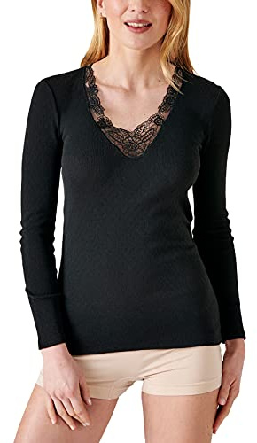 Damart - T-Shirt Manches Longues Maille ajourée Thermolactyl Femme Noir Taille 50-52 (XL)