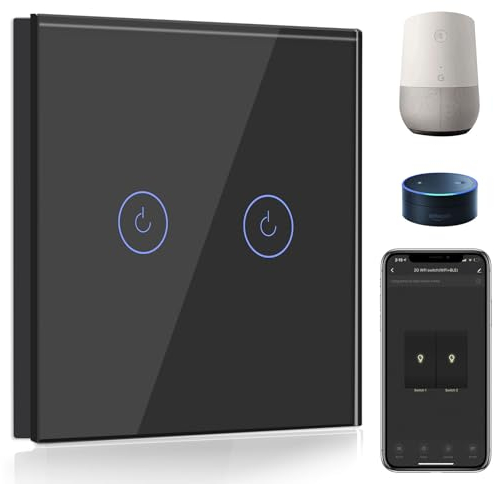BSEED Smart Lichtschalter 2 Fach 1 Weg Wifi Smart Lichtschalter arbeitet mit Amazon Alexa and Google Home,Touch Wandschalte Glas Touchscreen-schalter Schwarz(Erforderlich NeutralDraht)