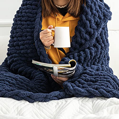Hearth & Stone Chunky Knit Blanket Throw - 50x60 3.7 lbs. - Soft Chenille Yarn Knitted Blanket - Machine Washable Crochet Blanket - Handmade Cable Knit Throw Blanket for Couch, Bed (Navy Blue)