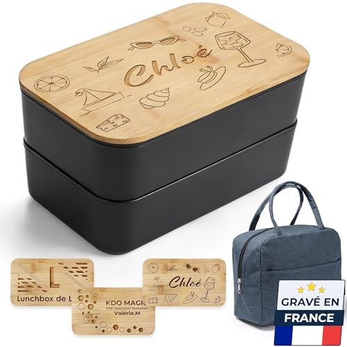 KDO MAGIC - Lunchbox personalisiert - Vorname eingraviert - Anpassbare Abdeckung - Essensbox - Doppelböden - Geschenkidee zum Muttertag, Geburtstag (Motiv: Strand, schwarz)