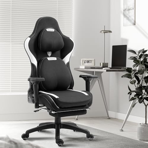 Dowinx Gaming Stuhl Stoff, Bürostuhl mit Fußstütze, Gaming Chair mit Austauschbarem Kissen, Ergonomischer Computerstuhl, PC Stuhl mit Massage, Gaming Sessel, Gaming Stuhl 150kg Belastbarkeit Schwarz