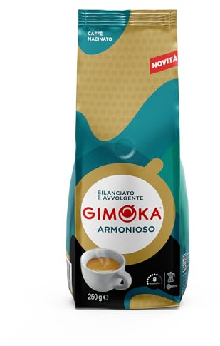Gimoka caffè macinato Armonioso – Miscela arabica e robusta - (Confezione da 250 Grammi) - Adatto per Moka - Intensità 8
