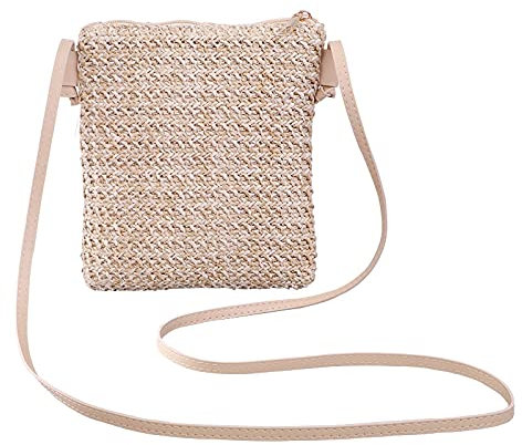 Pavewood Paille Tresse Petits CarréS une ÉPaule Sac Croisé Incliné Sac à Main Porte-Monnaie Sac de Plage de Vacances DéContracté - Marron Clair