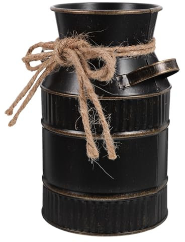 Luxshiny Vintage Farmhouse Vase, Chic Metal Flower Vase Galvanized Milk Can Flowers Bucket Country Primitive Jug Rustic Home Decor Planter Vase with Handle Black